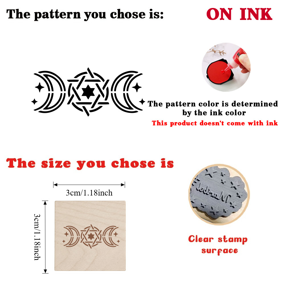 Natural Wooden Rubber Stamp with Moon Life Cycle and Hexagram Design